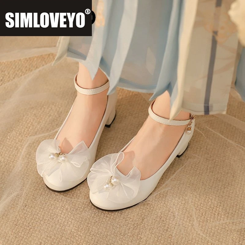 

SIMLOVEYO Лолита Туфли-лодочки для девочек 33 Круглый носок на блочном каблуке 4 см с пряжкой и ремешком и бантом Большой размер 42 43 Сладкое платье для свиданий Туфли принцессы