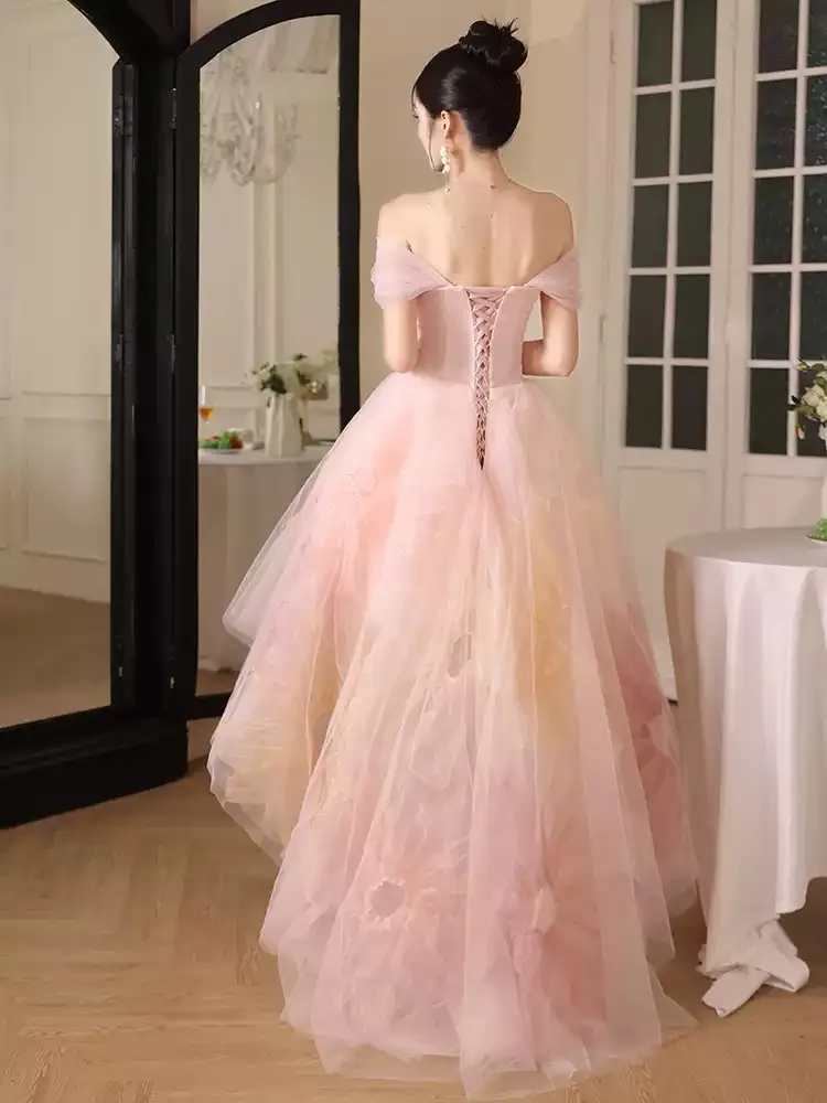 Vestido de fiesta Hi Lo, vestido de baile rosa con hombros descubiertos, con cordones en la espalda, capas de tul, bordados florales, vestidos de fiesta L & P DQL Studio
