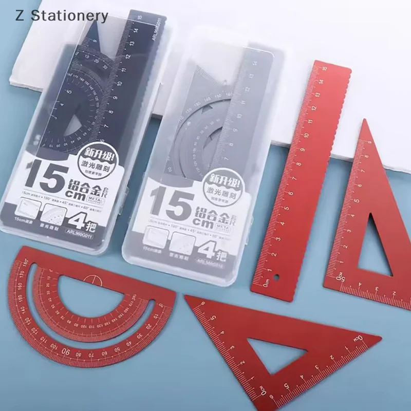 4Pcs/Set Aluminium Ruler Set Metal/Plastic/Soft Geometry Maths Drawing Compass Stationery Rulers Mathematical For School