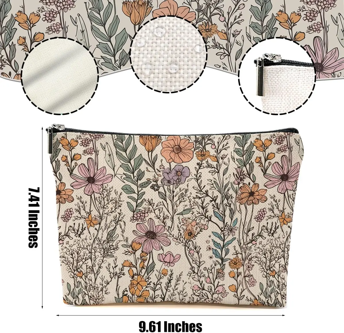 Vintage Wildflowers Makeup Bag Floral Garden Flower Cosmetic Bag Friend Friendship Gifts for Women Zipper Pouch Gifts Female Bag