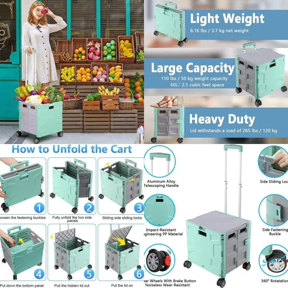 

Collapsible Shopping Cart with 360° Swivel Wheels, Hidden Lid, and Telescoping Handle for Travel, Shopping, Moving, and Storage