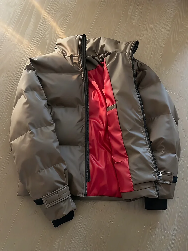 

Men's Thiened Winter Jaet Brown PU Leather Stand Collar down Cotton Coat American Sle Tee-Proof Bread Coat