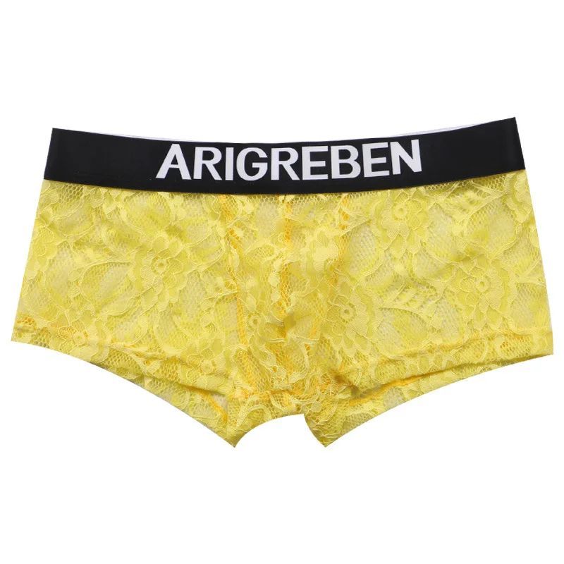 

Lace Embroidery Boxy Underwear for Men U Convex Pouch Boxer Shorts Full Transparent Crossdressing Sissy Erotic Low Waist Trunks