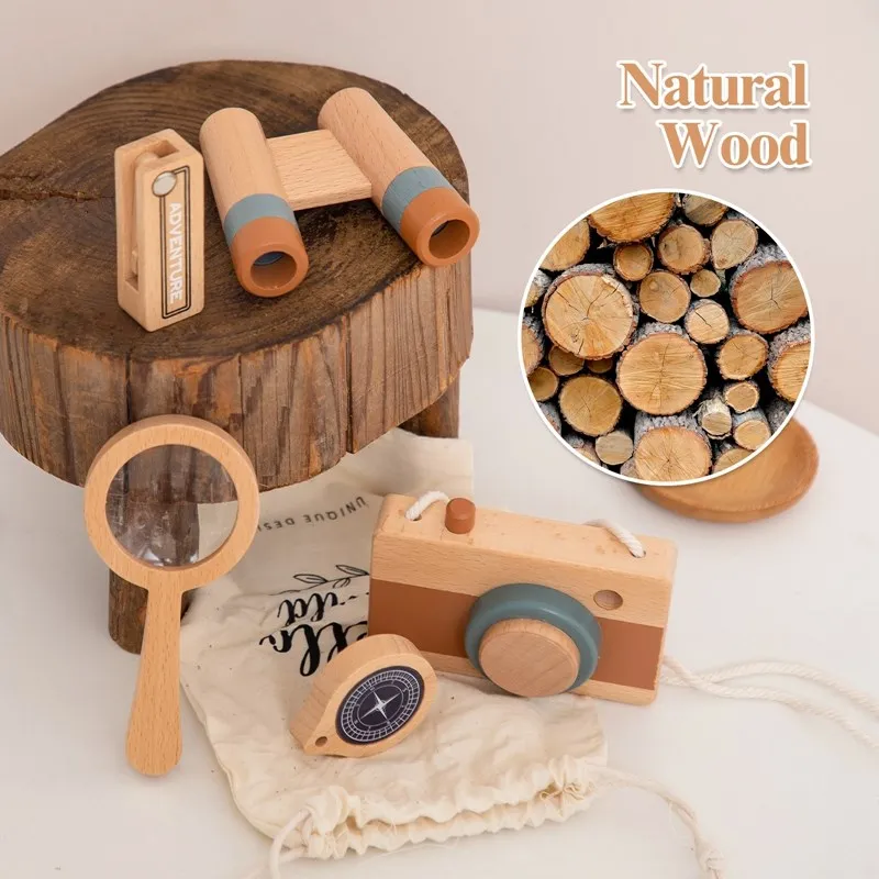 Ensemble de jouets d'aventure en plein air, caméra en bois, loupe, télescope, boussole, couteau en bois, bricolage, 5 pièces