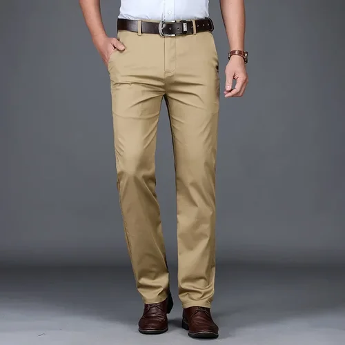 Imagen 2 del producto Pantalones de traje ajustados finos de verano para hombre, pantalones informales de algodón de negocios a la moda, pantalones caqui verde y negro, ropa de marca masculina 30-40