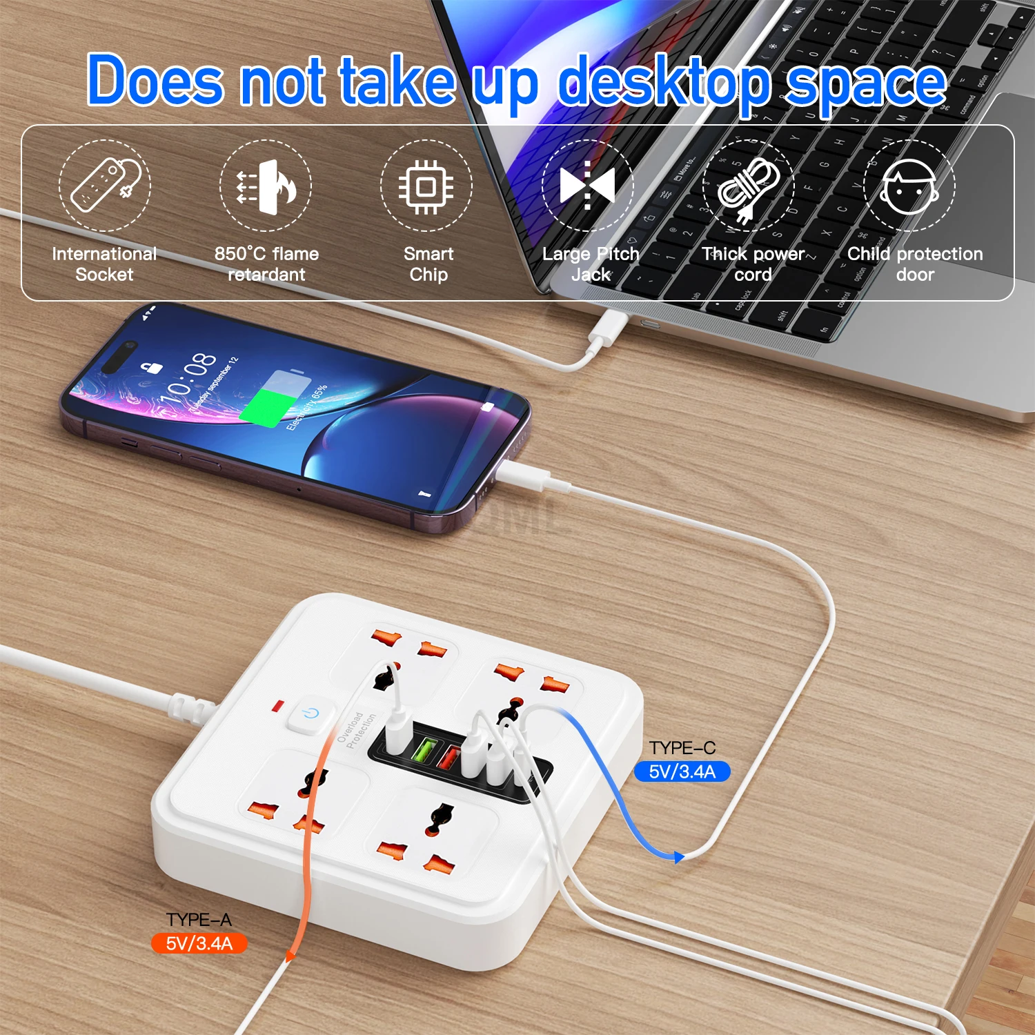 EU UK Plug 4AC Output Universal Power Strip With 5 USB 1 Type-C Port 2M Extension Cord Power Socket Board Network Filter Adapter