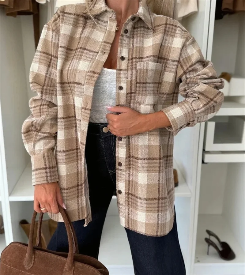 

Casual Plaid Shirt Woman Loose Autumn Winter Lapel Buttons Women's Coat Long Sleeve Cozy Vintage Khaki Tops Female Streetwear