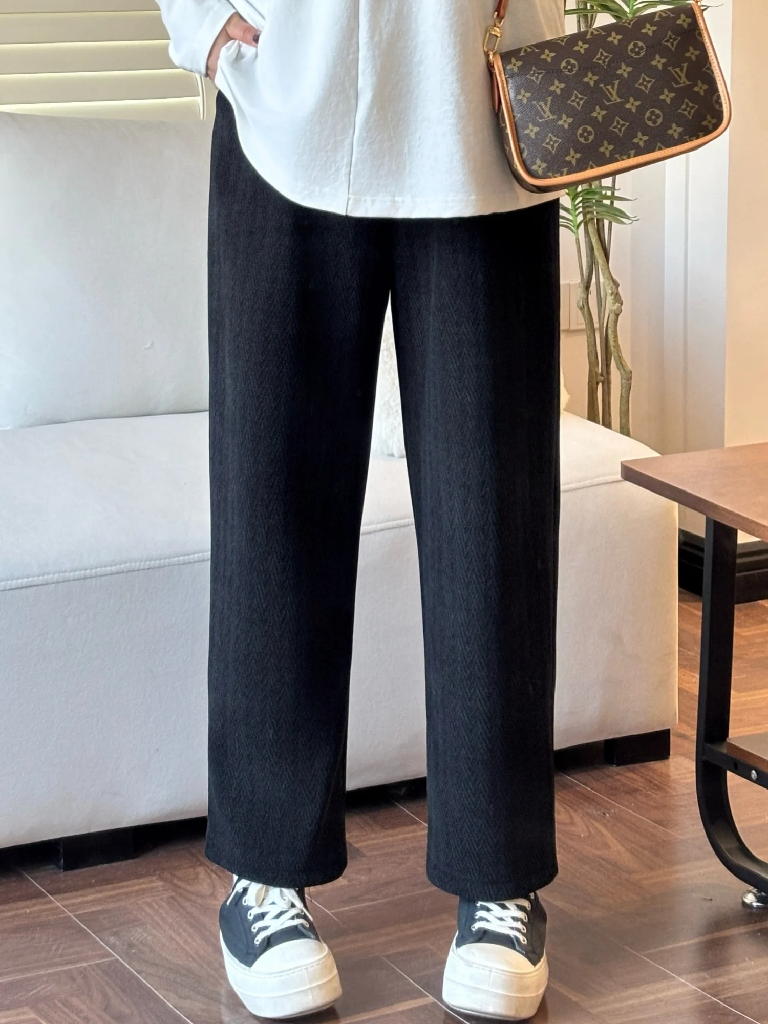 

Брюки прямого кроя с высокой талией на флисовой подкладке, больших размеров, женские, зимние, модные, для фигуры типа «груша», утягивающие, с широкими штанинами