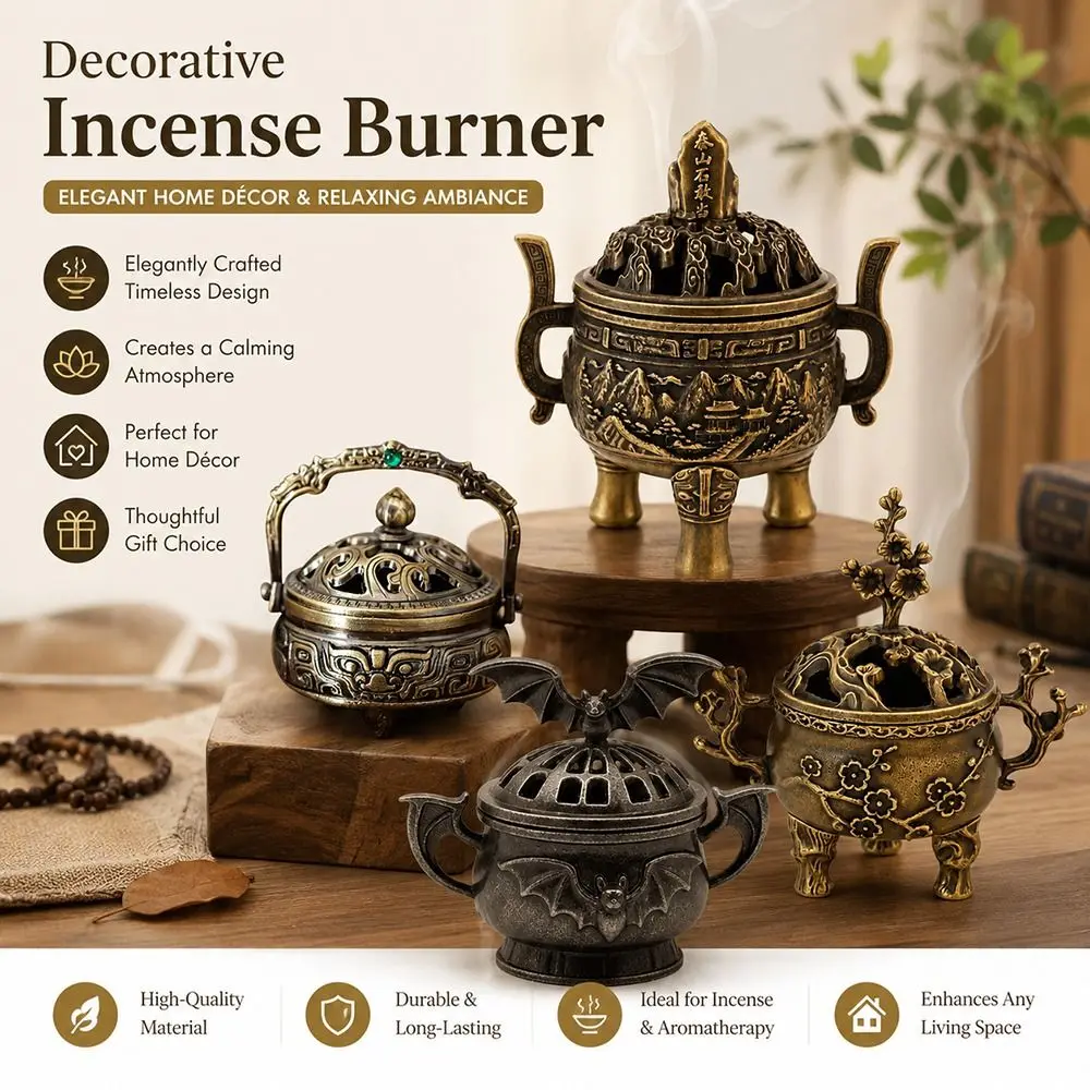 Retro Chinese Style Incense Burner Alloy Hollow Out Cap Incense Censer Lucky Charm Mini Fragrance Holder Desktop Ornament