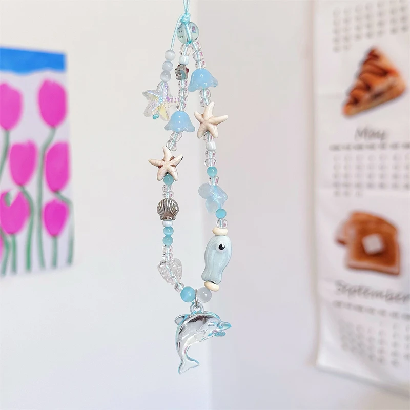 Dreamy Clear Dolphin Blue Fish Phone Chain Lanyard Charm Strap Wrist Bead Cord Bracelet Keychain For iPhone Hanging Rope Jewelry