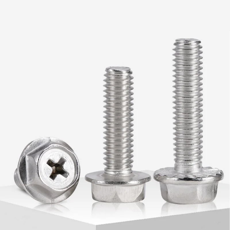 M3 M4 M5 M6 M8 304 Stainless Steel Phillips Flange Hexagon Head Bolts With Toothed / Planar Cross External Hex Washer Head Screw