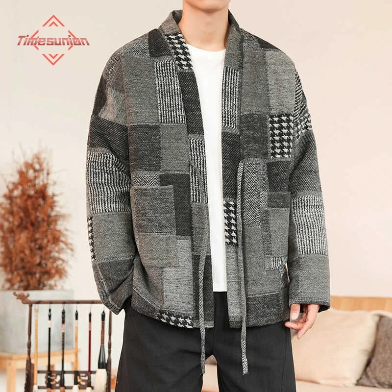 

Шерстяной кардиган для мужчин, осень-зима, клетчатый, с вставками, кардиган-пальто, новый японский стиль, мужская свободная посадка, повседневная верхняя одежда