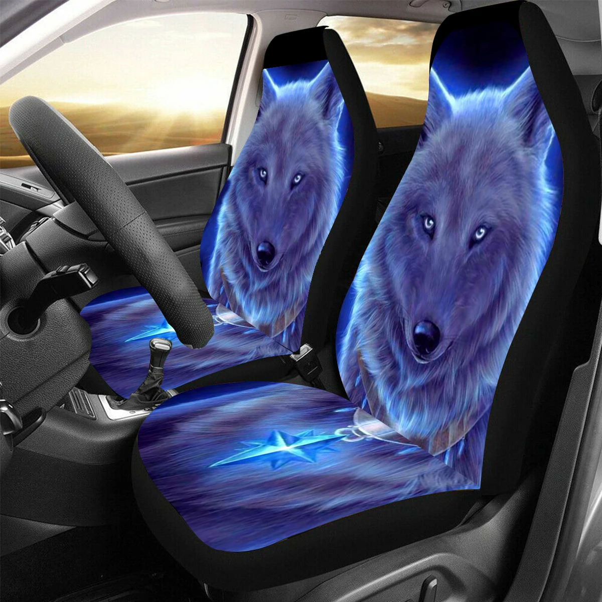 Car Seat Cover Set Thicker Section 3D Wolf Pattern Polyester Universal All-inclusive Elastic Auto Interior Parts Accessories