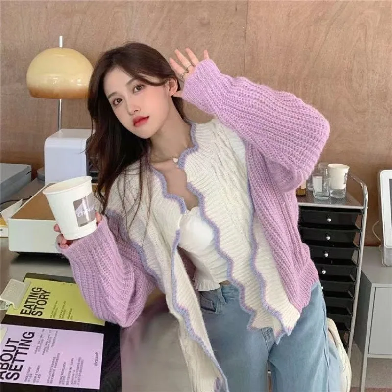 Purple Knitting Cardigan Coat Women Autumn Simplicity V-neck Long Sleeve Sweater Fashion All-match Office Lady Knitwear Tops