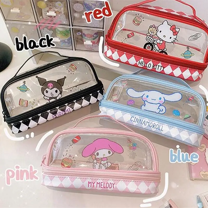 Sanrio Hello Kitty Portable Pencil Pouch Cute Cartoon Anime Cinnamoroll Kuromi Large Transparent Cosmetic Bag Holiday Gifts