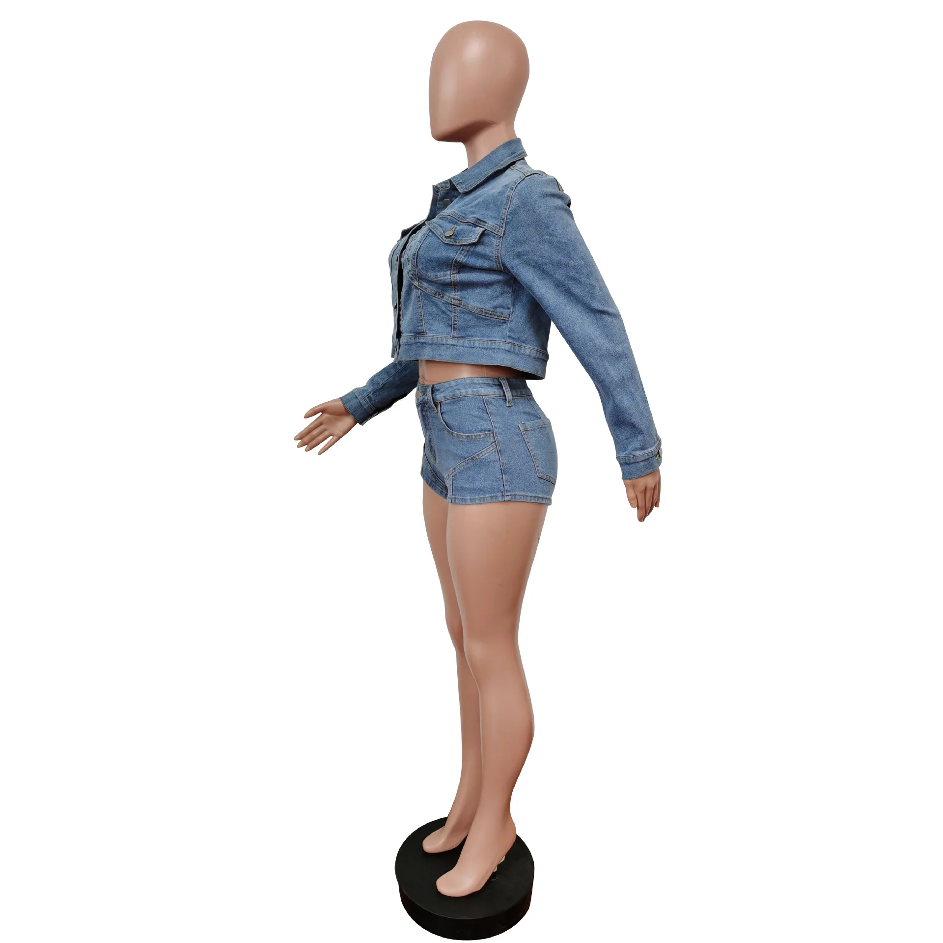 Set Yang Cocok Jaket Lengan Panjang Melar Kasual Denim dan Celana Pendek Setelan Denim Set Dua Potong Set Celana Pakaian Wanita