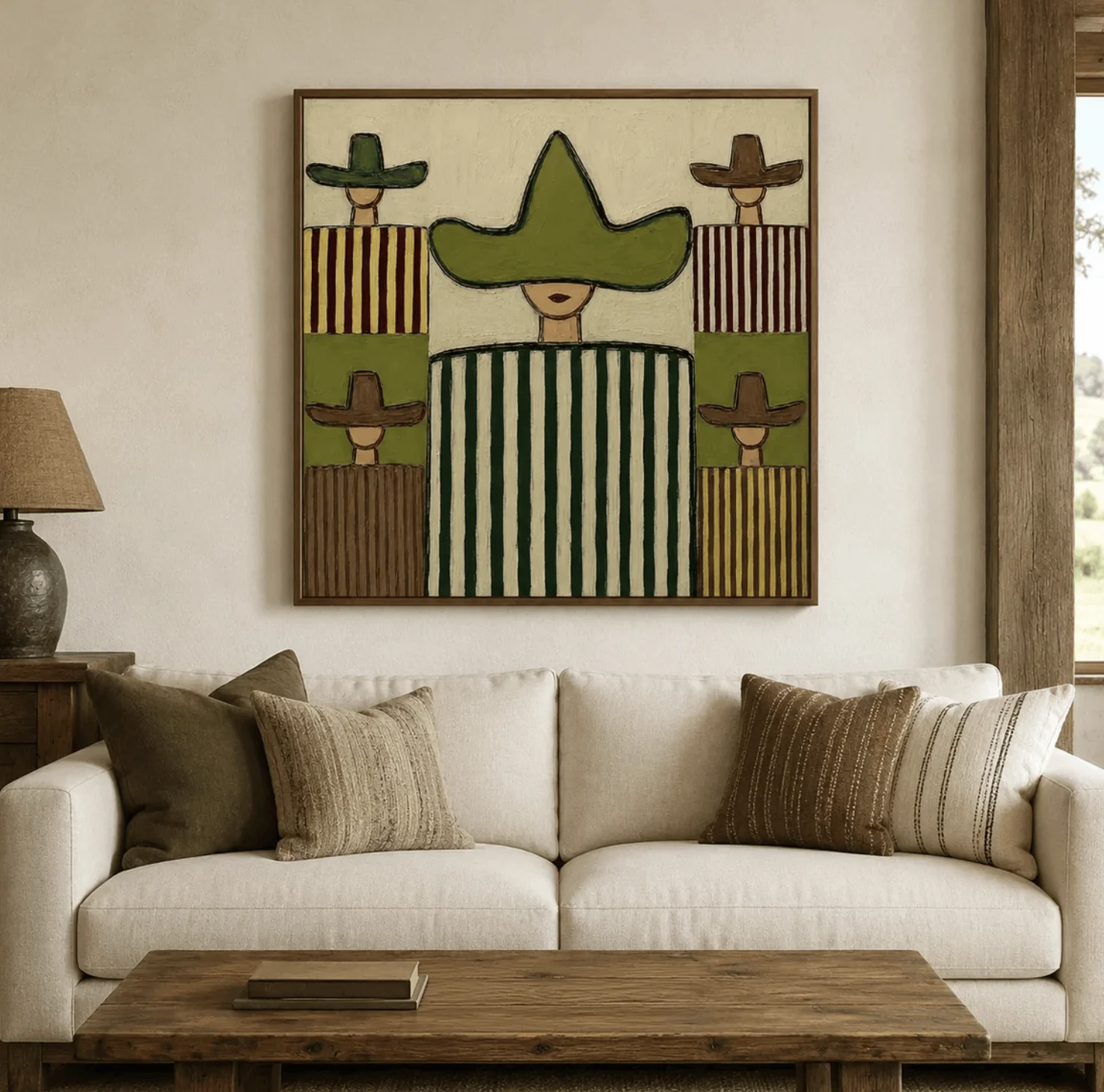 Abstract Five Cowboy Figures Wall Art Canvas Prints, Western Striped Posters, Earthy Decor for Living Room Bedroom Decor