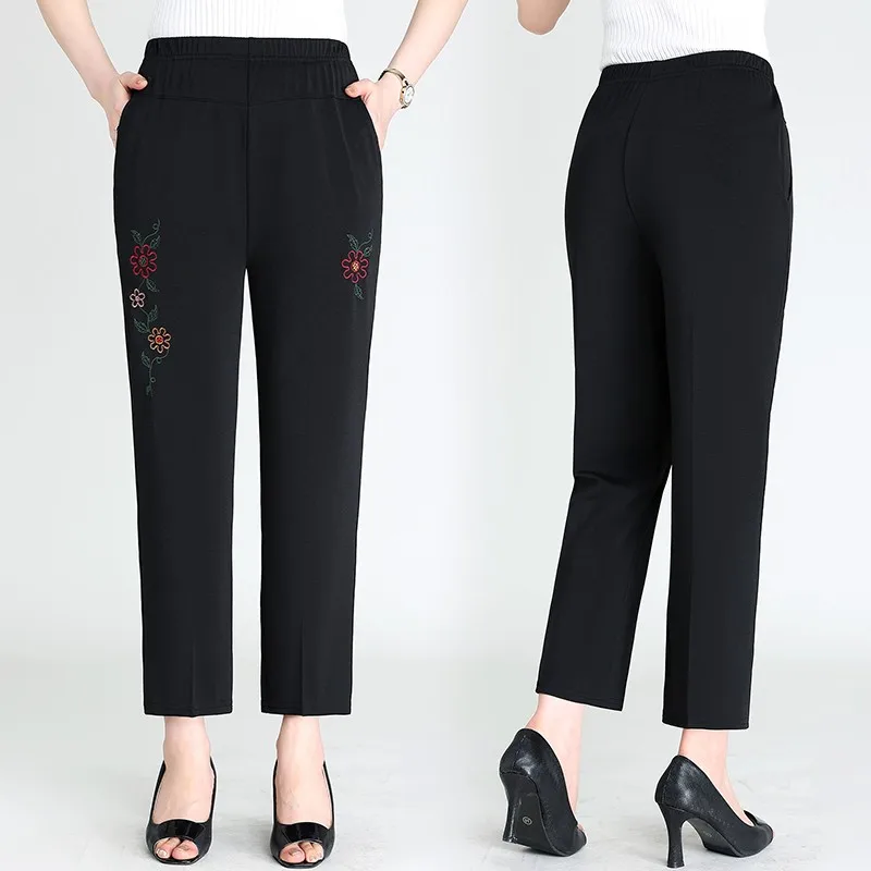 Large Size Women Pants Spring Summer Ice Silk Elastic Waist Female Trousers embroidery Middle Aged Mother Stretch Pants XL-8XL