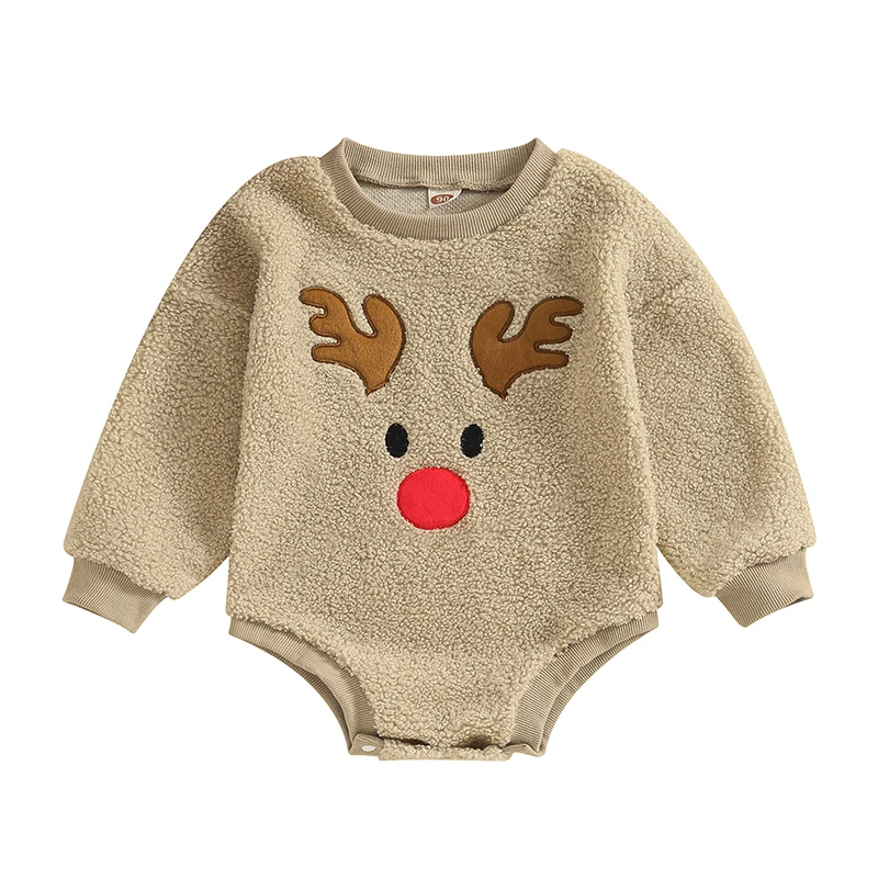 Baby Fleece Romper Long Sleeve Round Neck Warm Fluffy  Reindeer Embroidery Jumpsuit Infant Winter Outfit