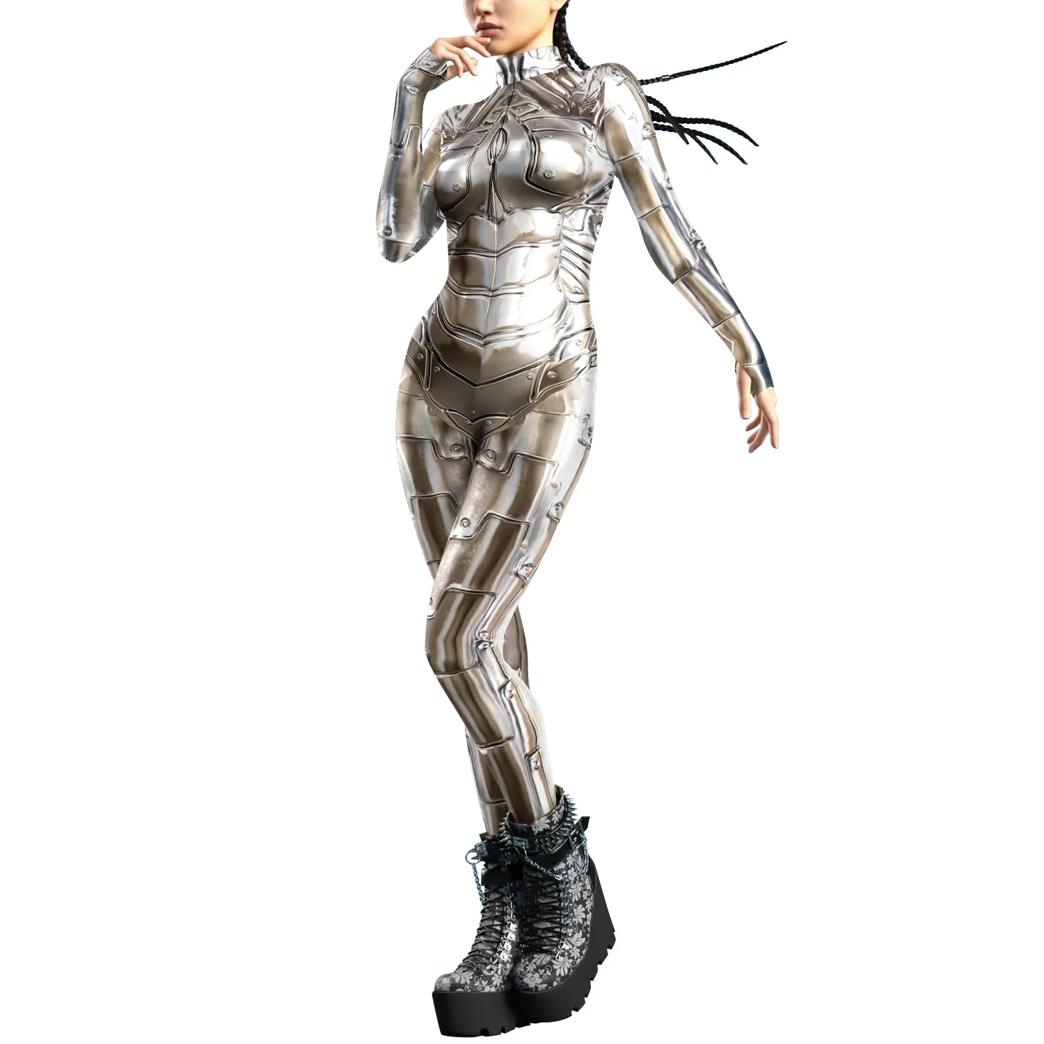 

New European And American Mechanical Cool 3D Digital Printed Zipper One-piece Suit Tight Dress Women's Costume