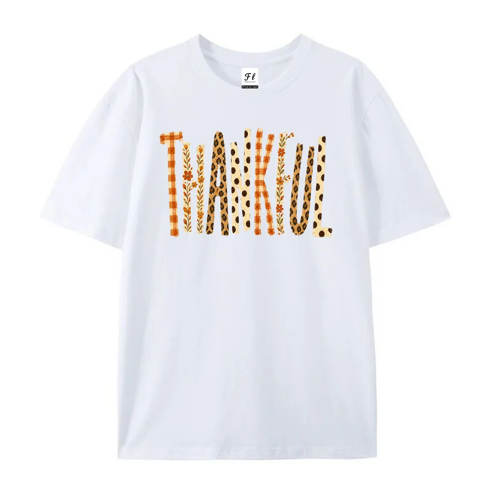 Women T Shirt Thankful Leopard Plaid Letter Graphic Tee Thanksgiving Fall Season Casual Summer Ladies Short Sleeve Tops