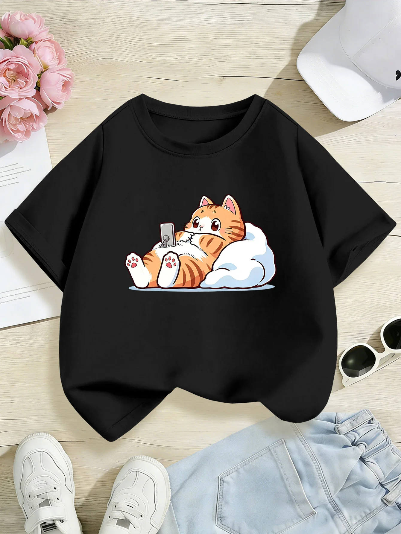 Chubby Orange Cat Playing Phone Cartoon Graphic Kids T Shirt Boys Girls Family Matching Parent Child Summer Crew Neck Casual Tee
