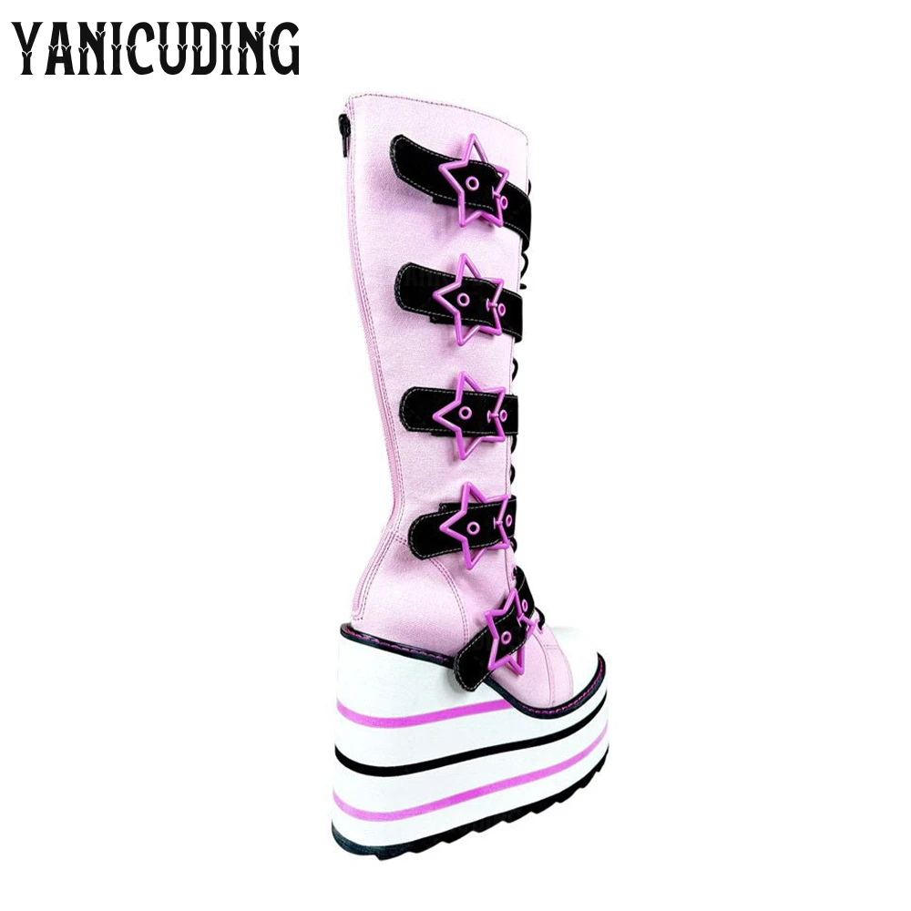 Silver Star Buckles Platform Knee Boots Black Canvas Wedge Boots Colorful Striped Heel Adjustable Straps Cosplay Boots for Women view 6