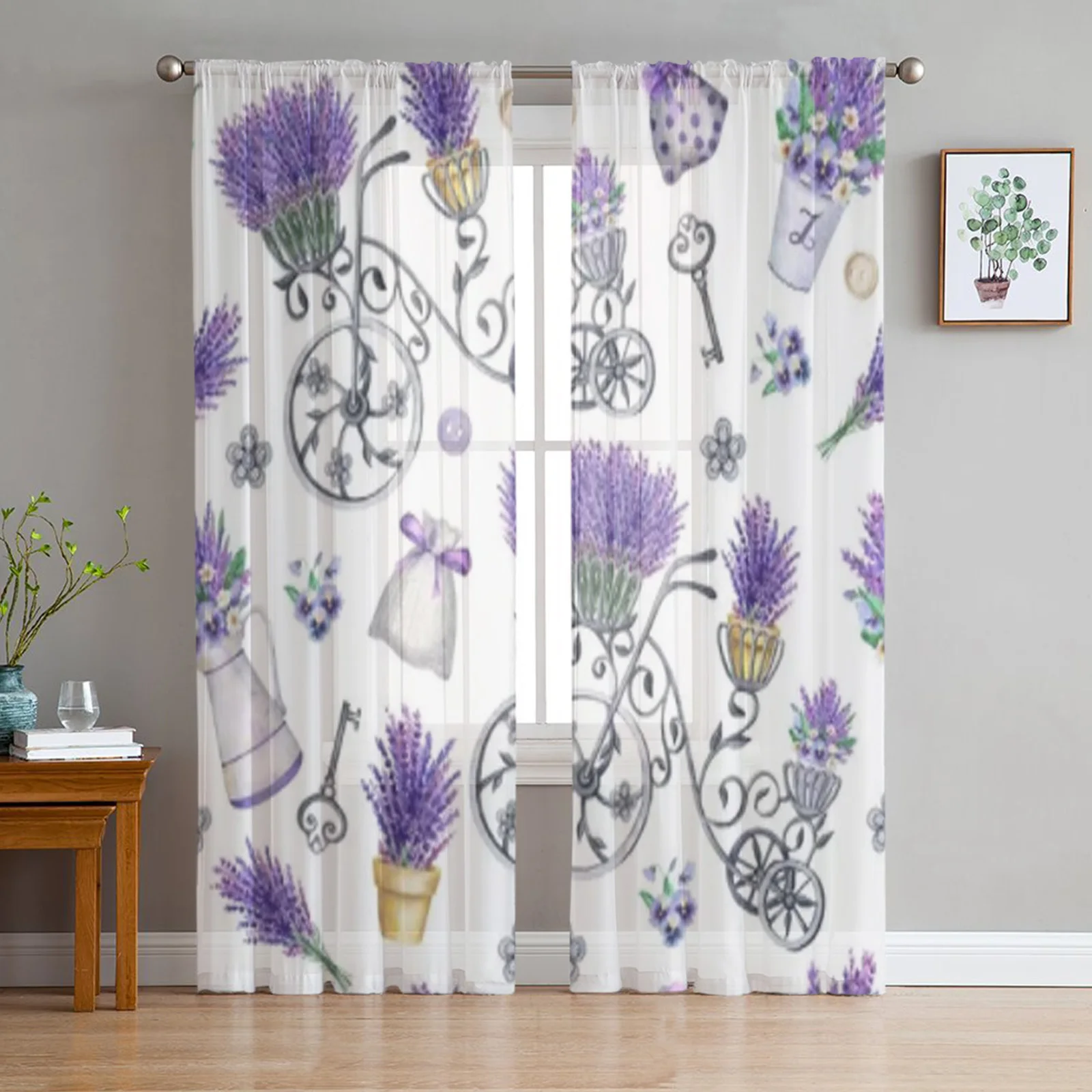 

Purple Lavender and Bicycle Tulle Curtains for Living Room Decoration Modern Veil Chiffon Curtains Bedroom Sheer Voile