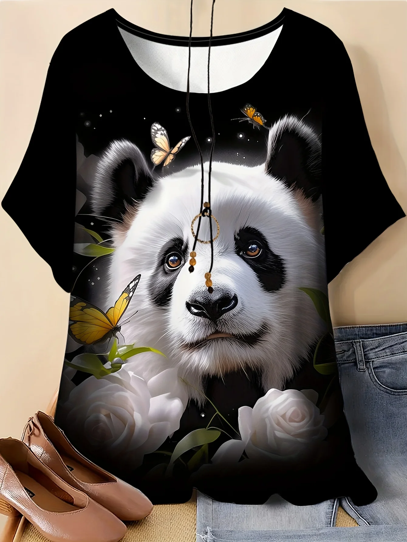 Women Spring Summer Crew Neck Short Sleeve T-Shirt Cute Panda Butterfly White Rose Print Casual Loose Daily Ladies Black Tops
