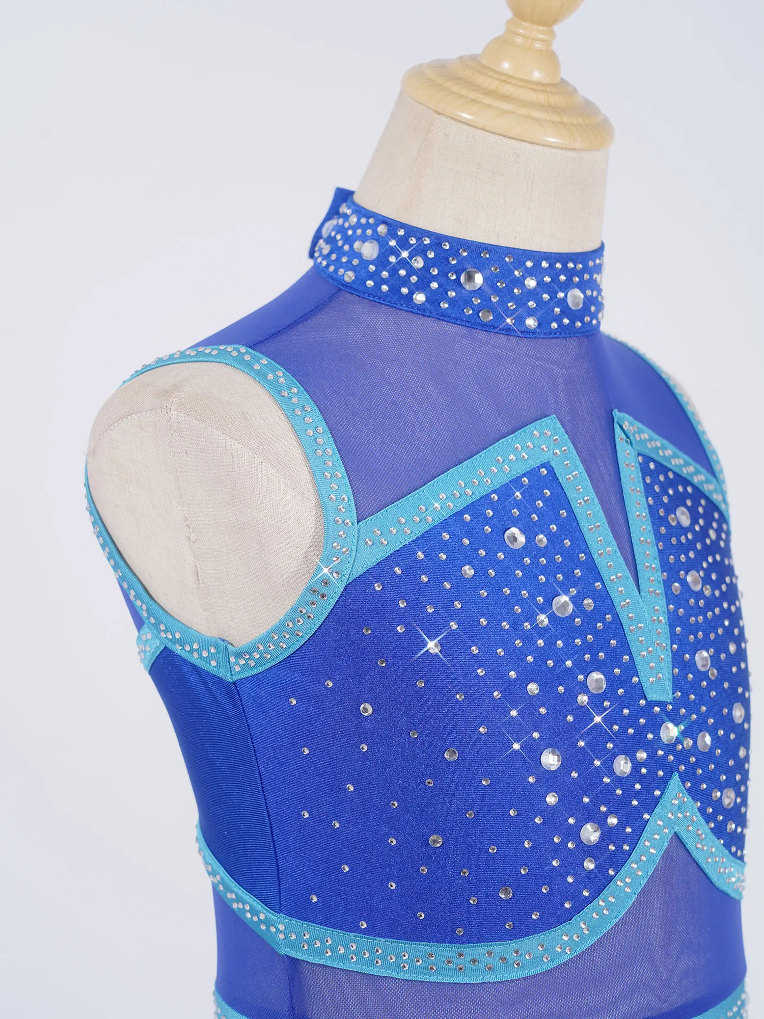 

Платье для лирического танца для девочек-подростков, без рукавов, со стразами, с боковым разрезом, сетчатый купальник для балета, фигурного катания, современная танцевальная одежда с юбкой