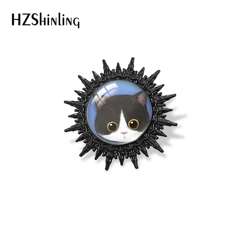 2023 New Arrival Cartoon Cute Cat Kitten Head Glass Cabochon Black Brooch Badge Bag Clothes Accessories For Men