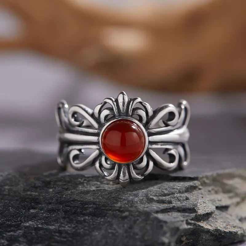 Personalized S925 sterling silver natural colored treasure ring, retro iris exquisite open ring, adjustable couple index