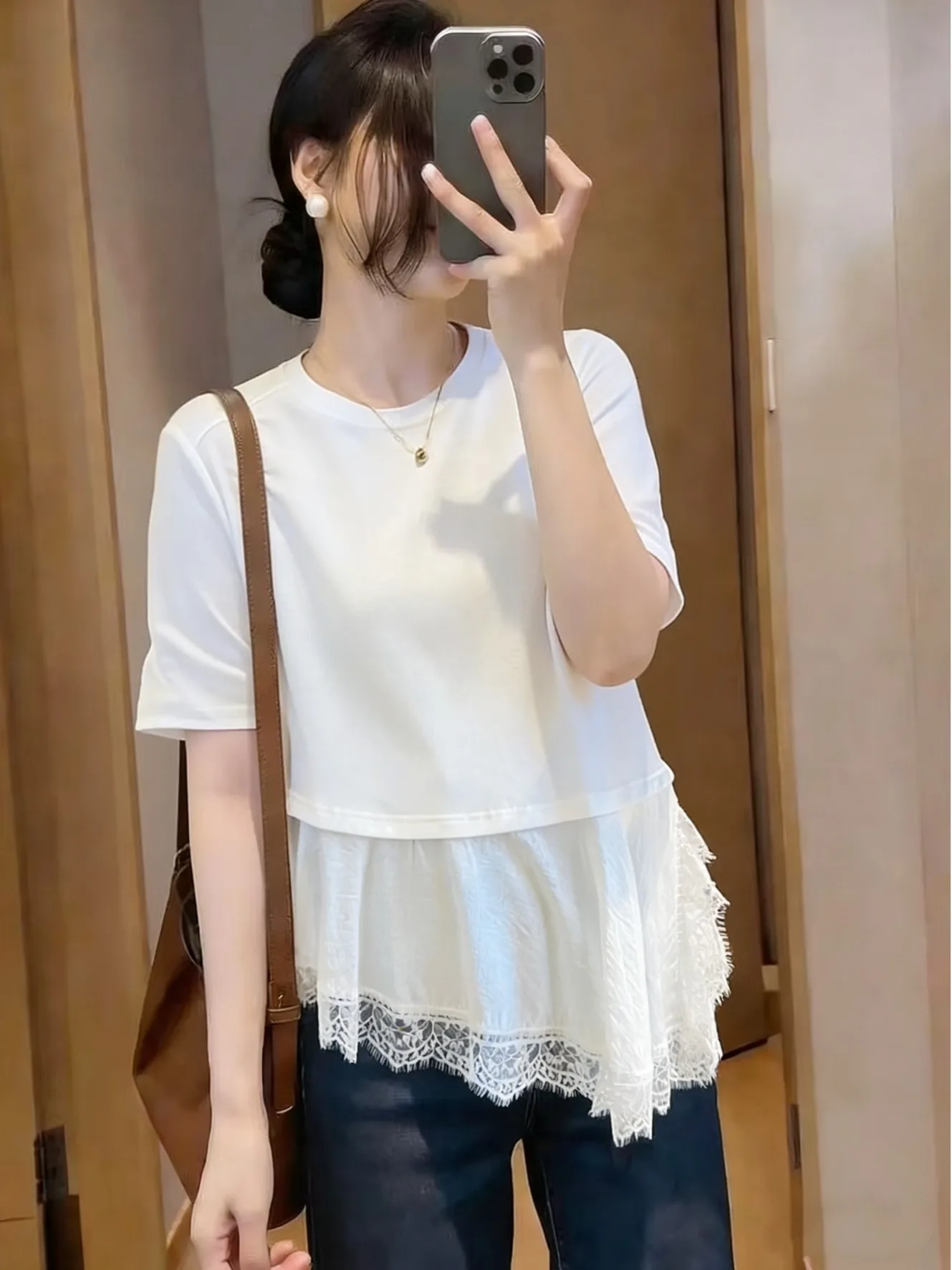 

Loose Fit round Neck Lace Trim T-Shirt Women's Casual Versatile Simple Design plus Size Overhead Shirt Breathable Summer Top