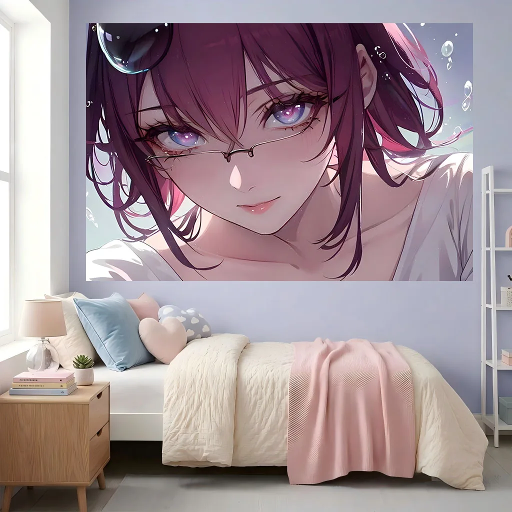 Cute Anime Tapestry Purple Hair Glasses Girl Close‑up Portrait Wall Hanging Art for Dorm Bedroom Manga Fan Room Home Decor
