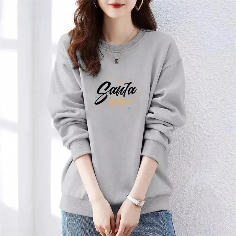 Women Autumn and Winter New Korean Style Simple Crew Neck Pullovers Letter Printing Loose Appears Thin Long-sleeved Top