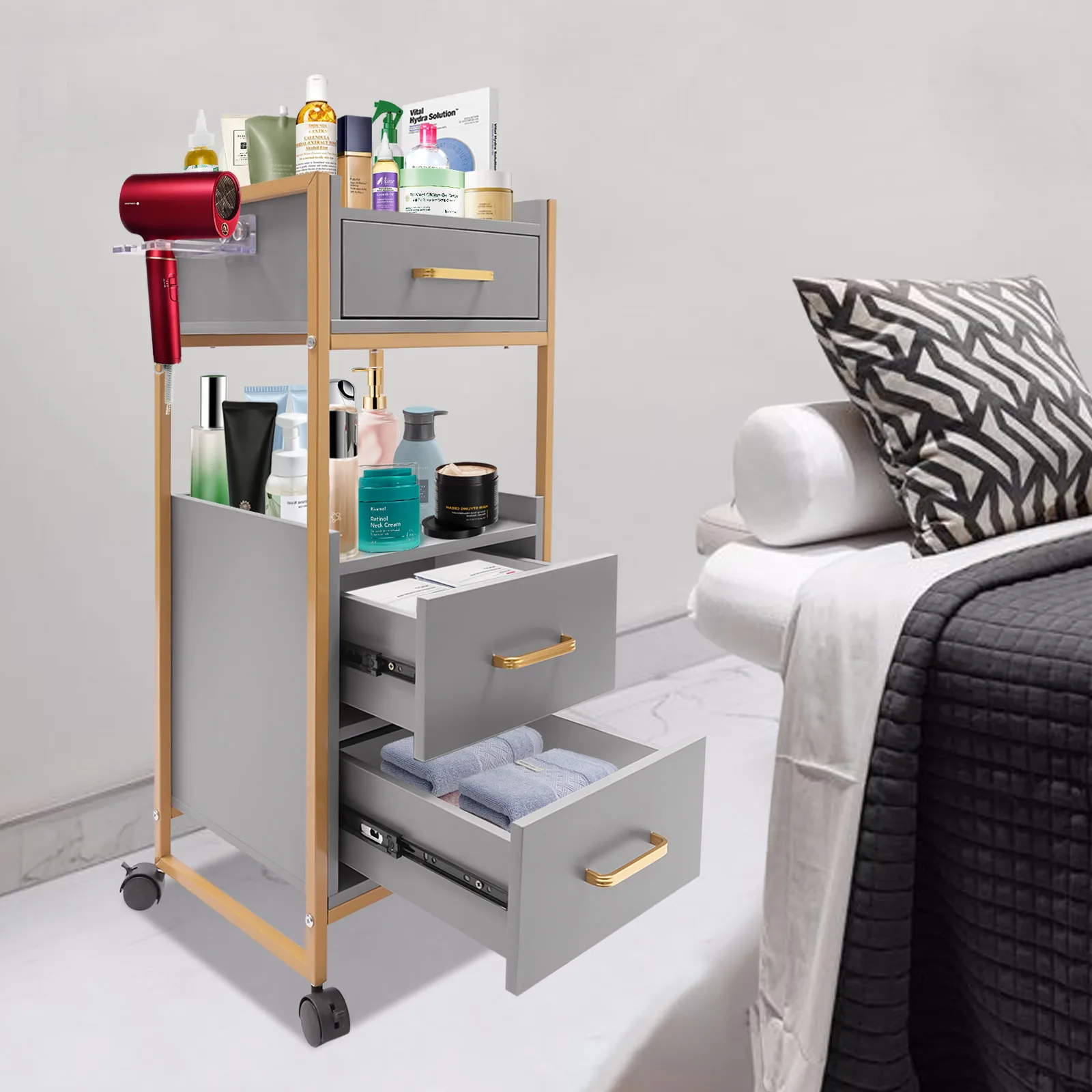 Beauty Salon Storage Trolley Cart, Rolling Hairdressing Salon Trolley Barber Station with Drawer and Dryer Holder, Tool Box