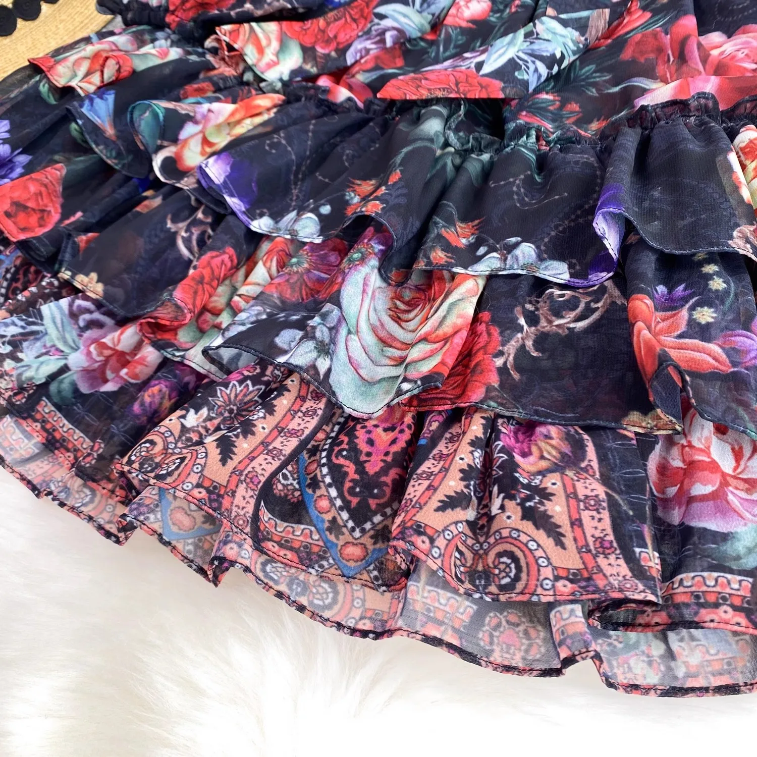 New Fashion Summer Holiday Cascading Ruffles Mini Dress Women\'s Stand Long Sleeve Floral Print Belt Robe Beach Vestidos 2468