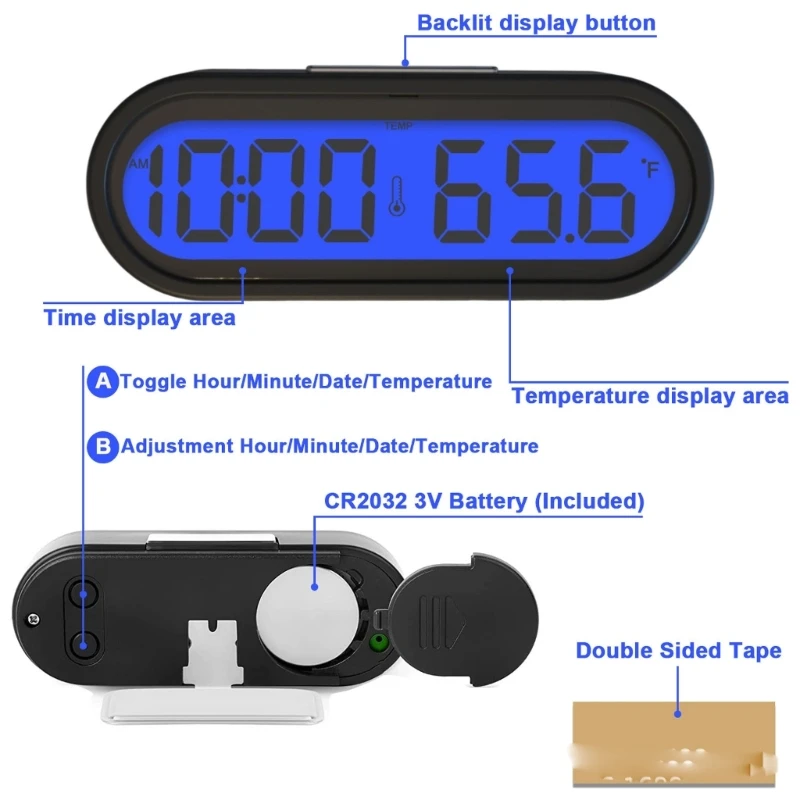 Dashboard Mounted Backlight Clock with Time Date Temperature Display R6FB