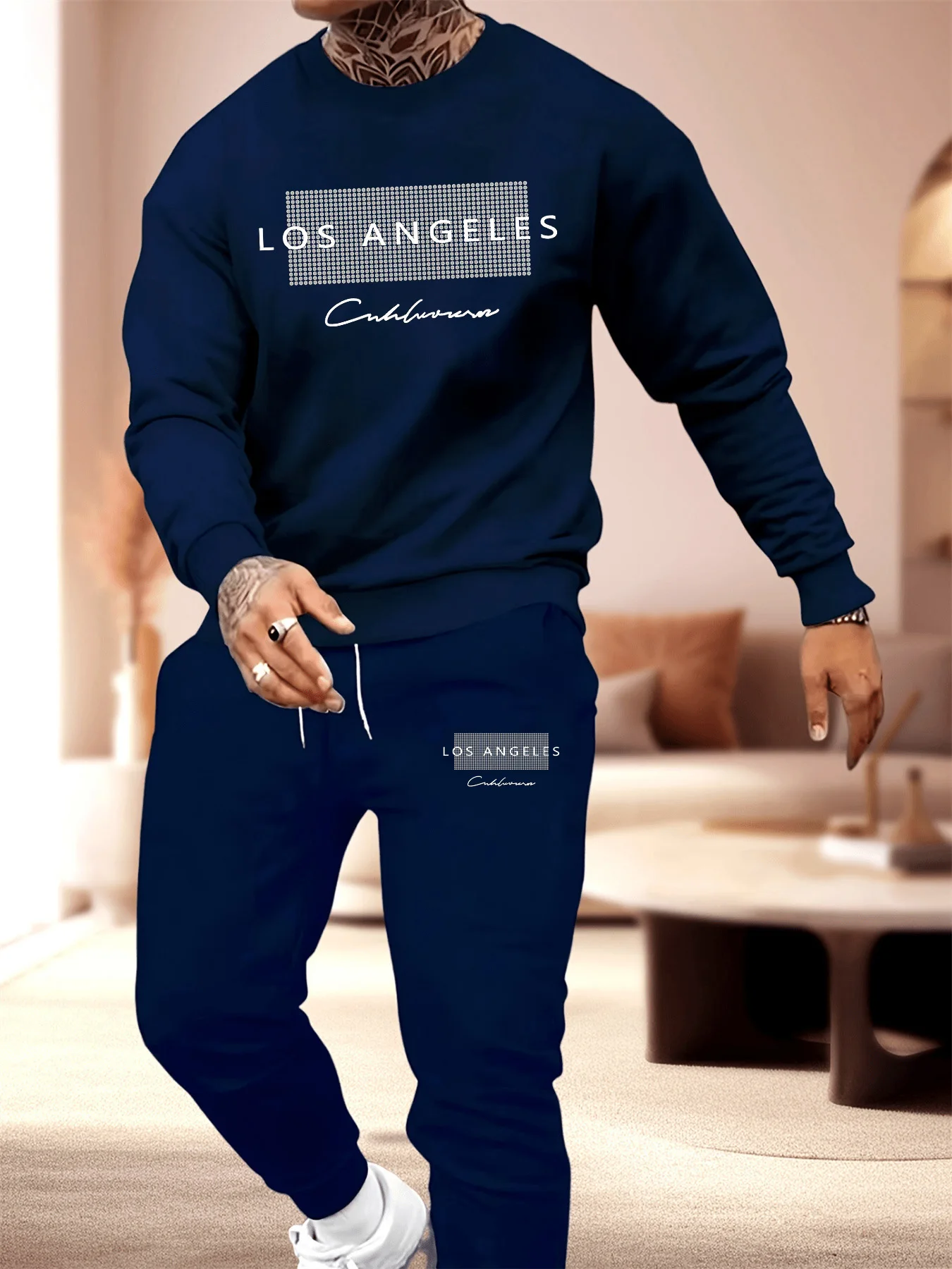 Men's autumn and winter casual warm Los Angeles pattern printed loose and thick velvet round neck sweatshirt+sports pants set
