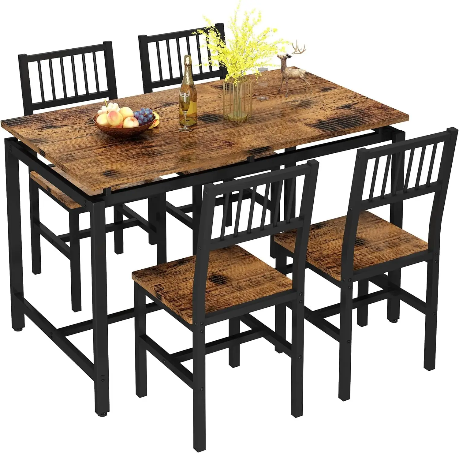 47.2 Inch Dining Table Set for 4,Industrial Table with 4 Curved Chairs Set,5-Piece Rectangular Kitchen Table Set for Dining Room