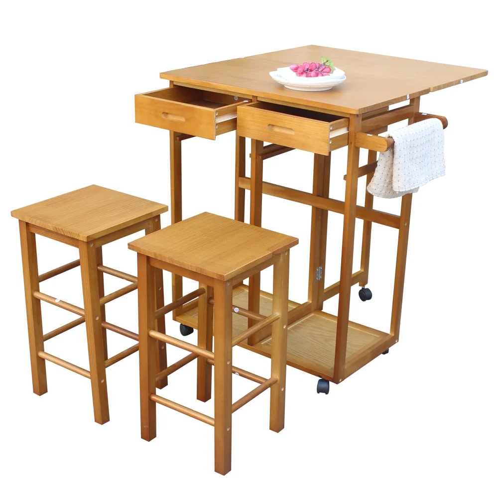 

Square Solid Wood Folding Dining Cart with 2 Free Stools ,Brown, Extendable and foldable square desktop, Concave design handle