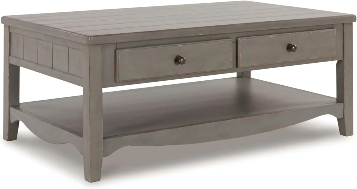 

Signature Design by Ashley Charina Classic Cocktail Table with 2 Drawers and Open Lower Shelf, Light Gray