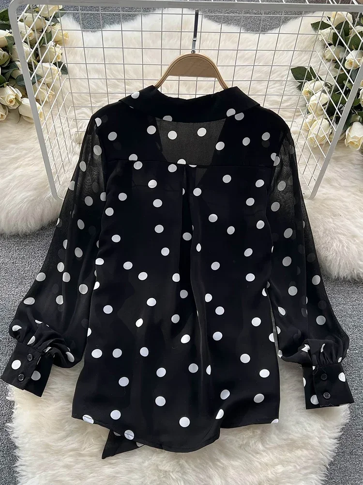 Woman Spring Sweet Polka Dot Blouse Western Style Puff Sleeve Age Reduction All-match Chiffon Shirt Tops Female D0353