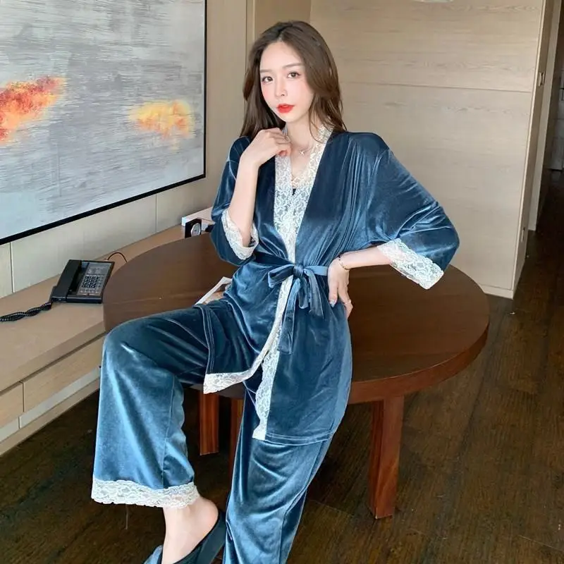 Autumn Winter New Female 3PCS Velvet Pajamas Set Sleepwear Casual Women Velour Lace Nightwear Pijamas Suit Loose Home Wear