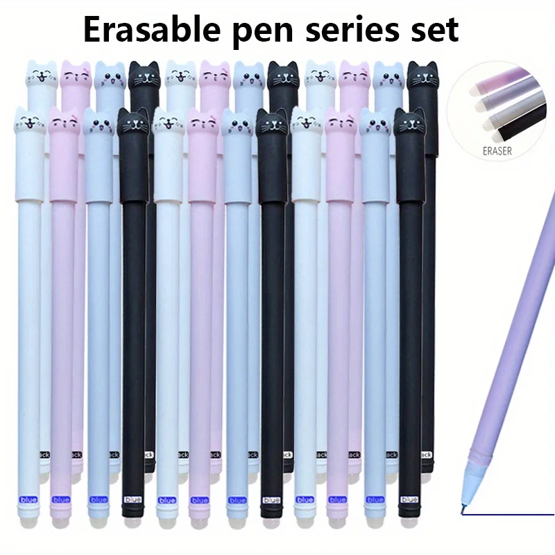 

20-Piece Set of Black Gel Pens with Random Colors and Cat-Shaped Caps, Perfect for Note-Taking and Writing, Erasable Gel Pen Set