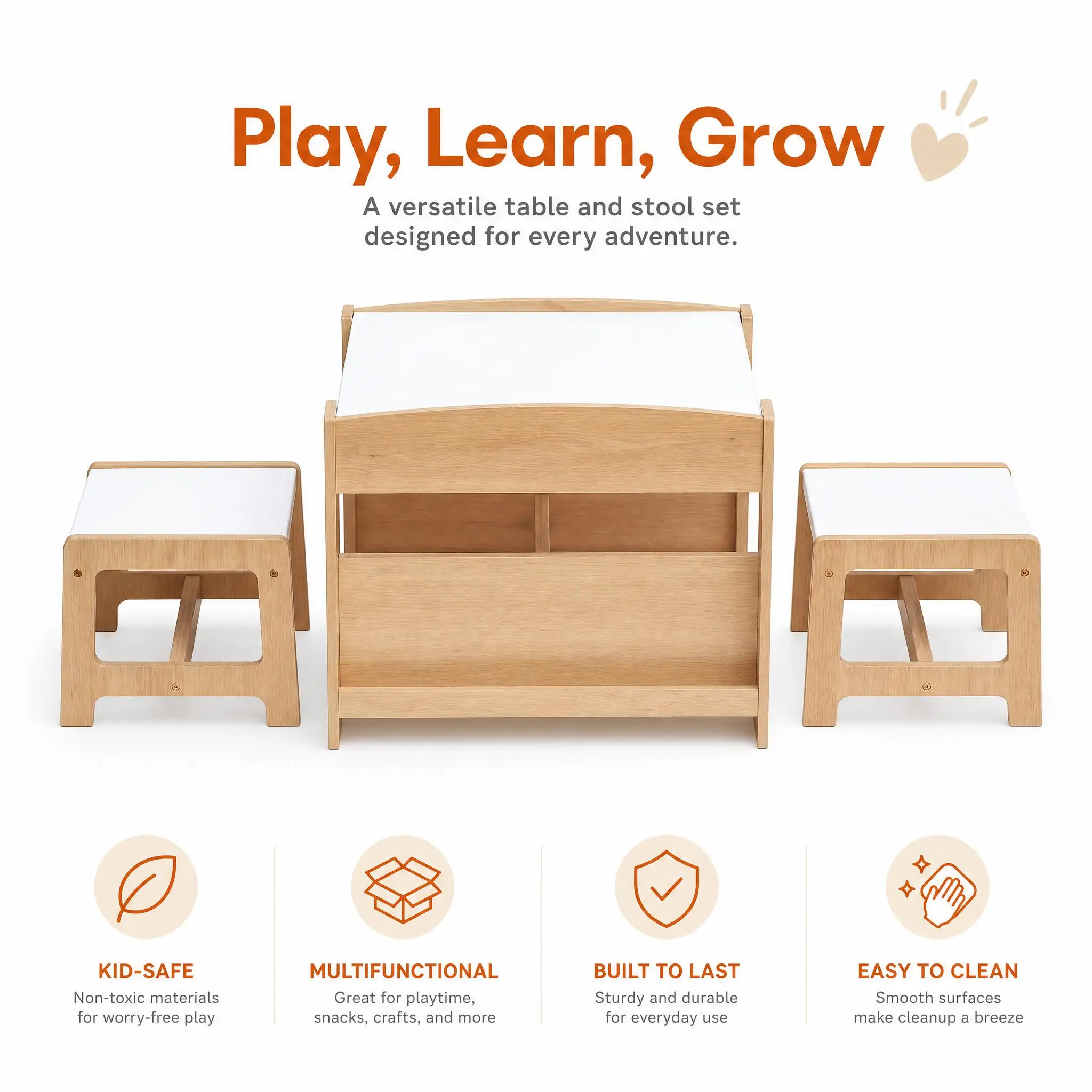Kids Table and Chairs Set 3-Piece Toddler Activity Study Table with Double-Sided Removable Desktop Built-in Storage Rounded Corners Wooden Play Furniture for Drawing Reading Bedroom Playroom