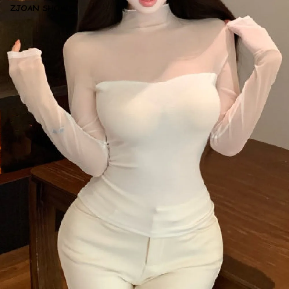 

Apring Women With Pad Cehst Splice See through Sheer Mesh T-shirts Half High Collar Long Sleeved Slim Tee Skinny Base T shirts