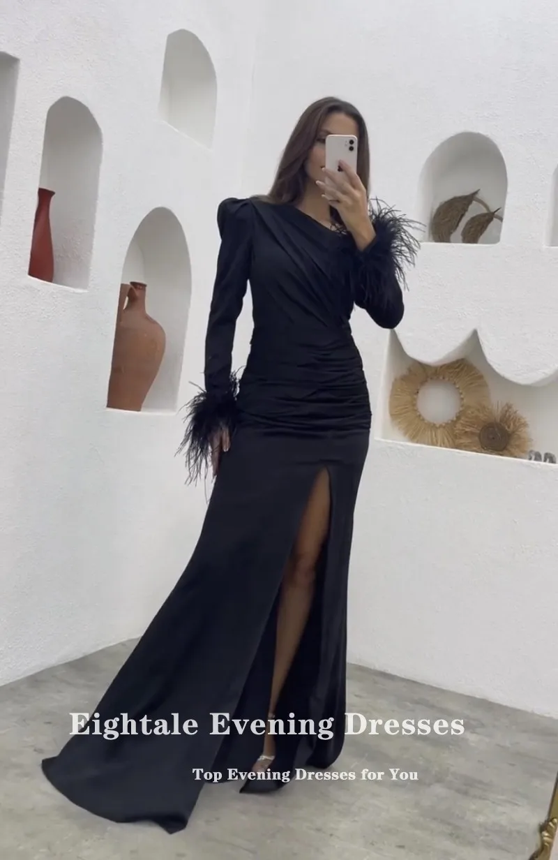 Eightale Feather Evening Dress for Wedding Party One Shoulder Long Sleeves Mermaid Customized Black Arabic Prom Gowns Dress