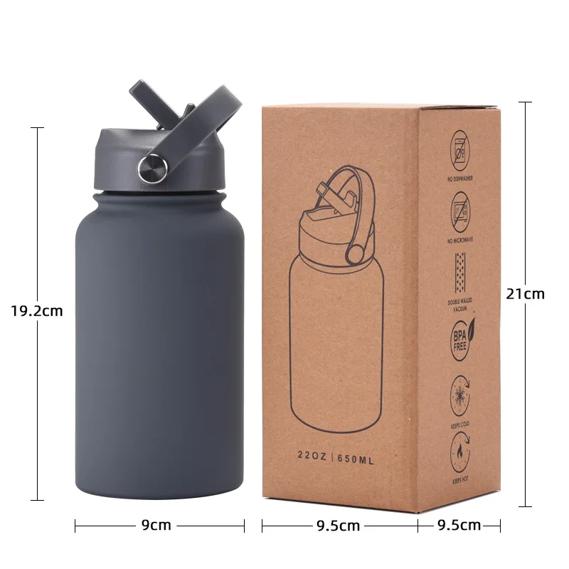 650ML Sports THERMOS CUP With Straw And Handle,Thickened Stainless Steel Vacuum Flasks,Wide Mouth Drinkware,Travel Water Bottle