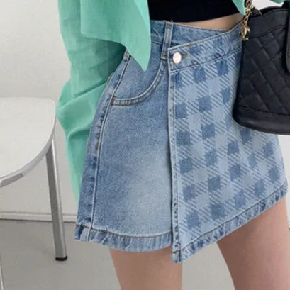 

Blue Denim High Waist Plaid Shorts Skirt Casual Straight Leg Cotton Jeans A-Line Skirt Spring Summer Fashion Women's Clothing
